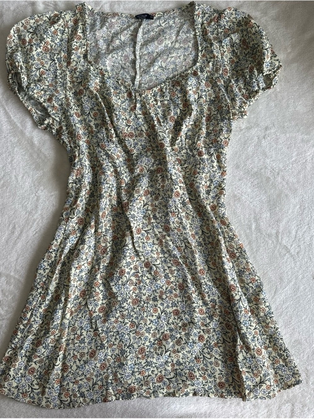 Cotton On Cream Floral Mini Dress with Blue and Brown Print